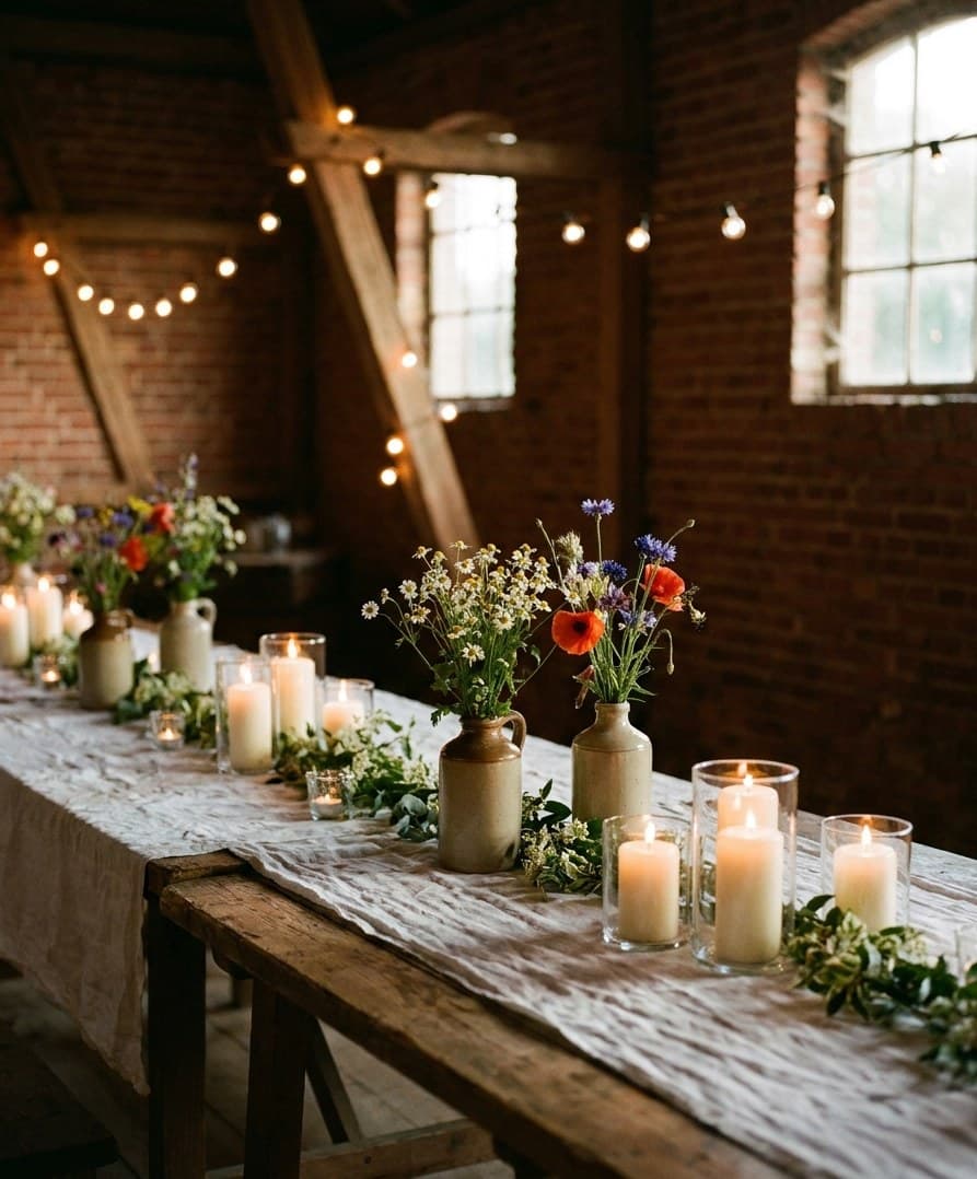 Beispielbild: langer Holztisch mit hellem Tischläufer, Kerzen und Wiesenblumen in Krügen, dahinter Backsteinwände und Lichterketten