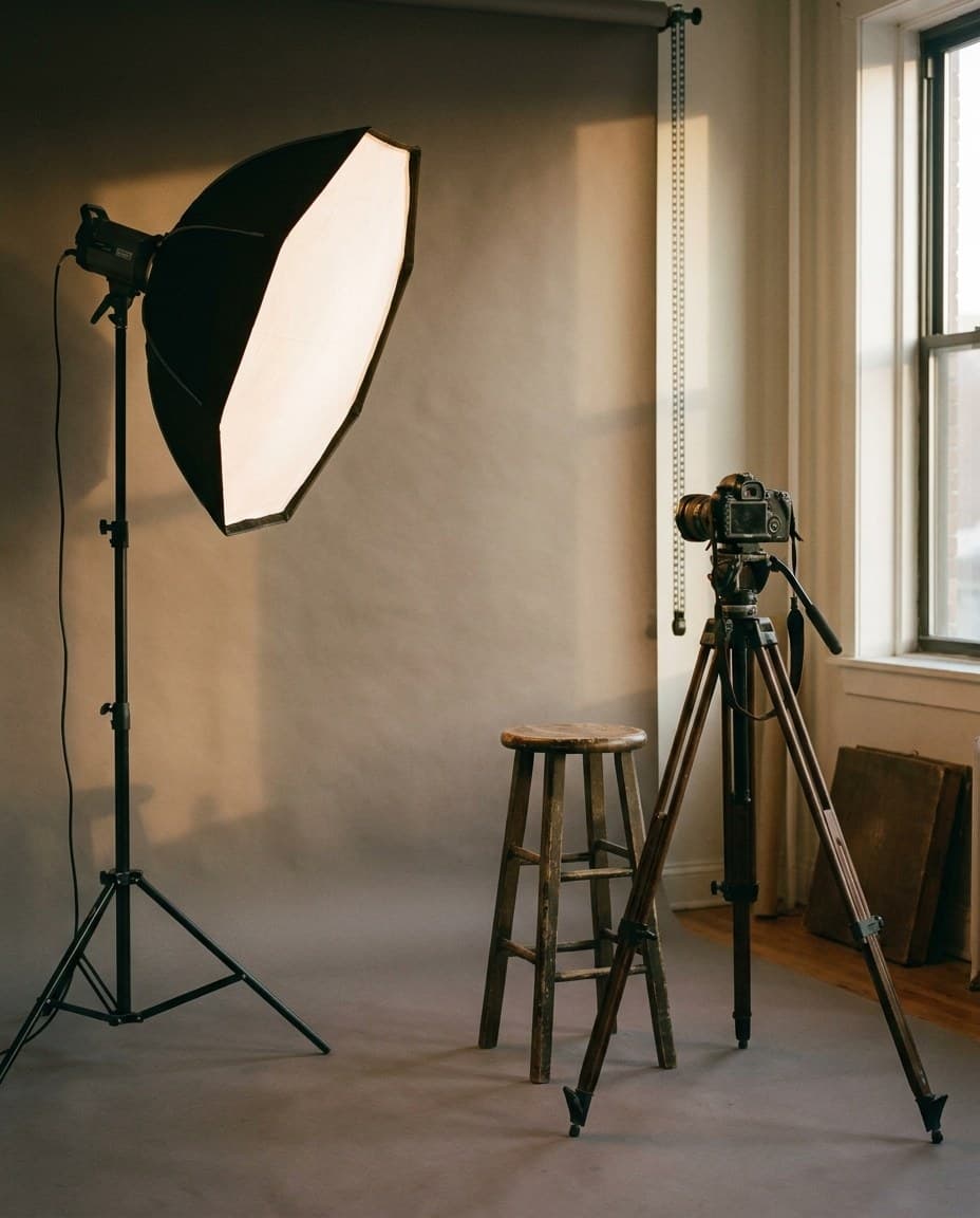 Beispielbild: Studioleuchte mit Softbox, Kamera auf einem Stativ und ein Holzhocker vor hellem Papierhintergrund